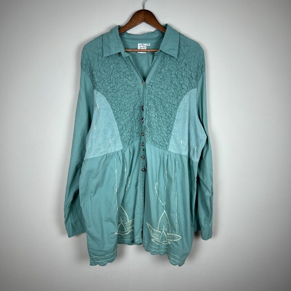 Parsley & Sage Tunic Top Womens 2X Green Blue Mixed Media‎ Embroidered Button Up